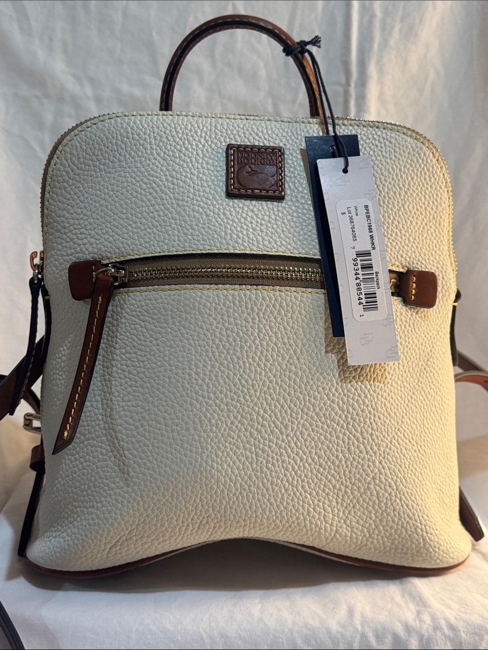 Dooney & Bourke Cream Pebbled Leather Backpack with Brown Trim